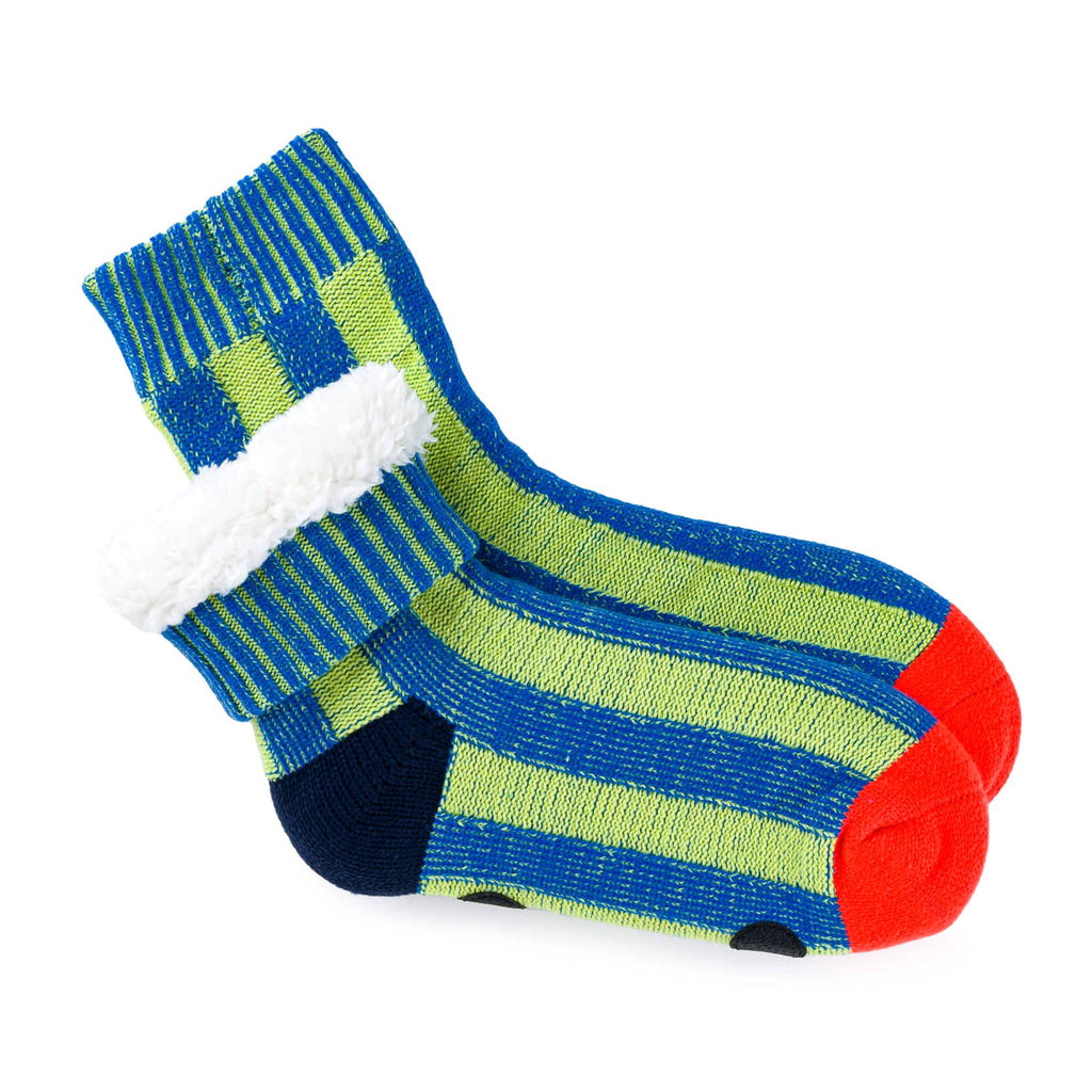 Verloop Lime and Cobalt Big Stripe Soft Acrylic House Socks, stacked with cuff rolled down on one sock to show faux fleece lining.