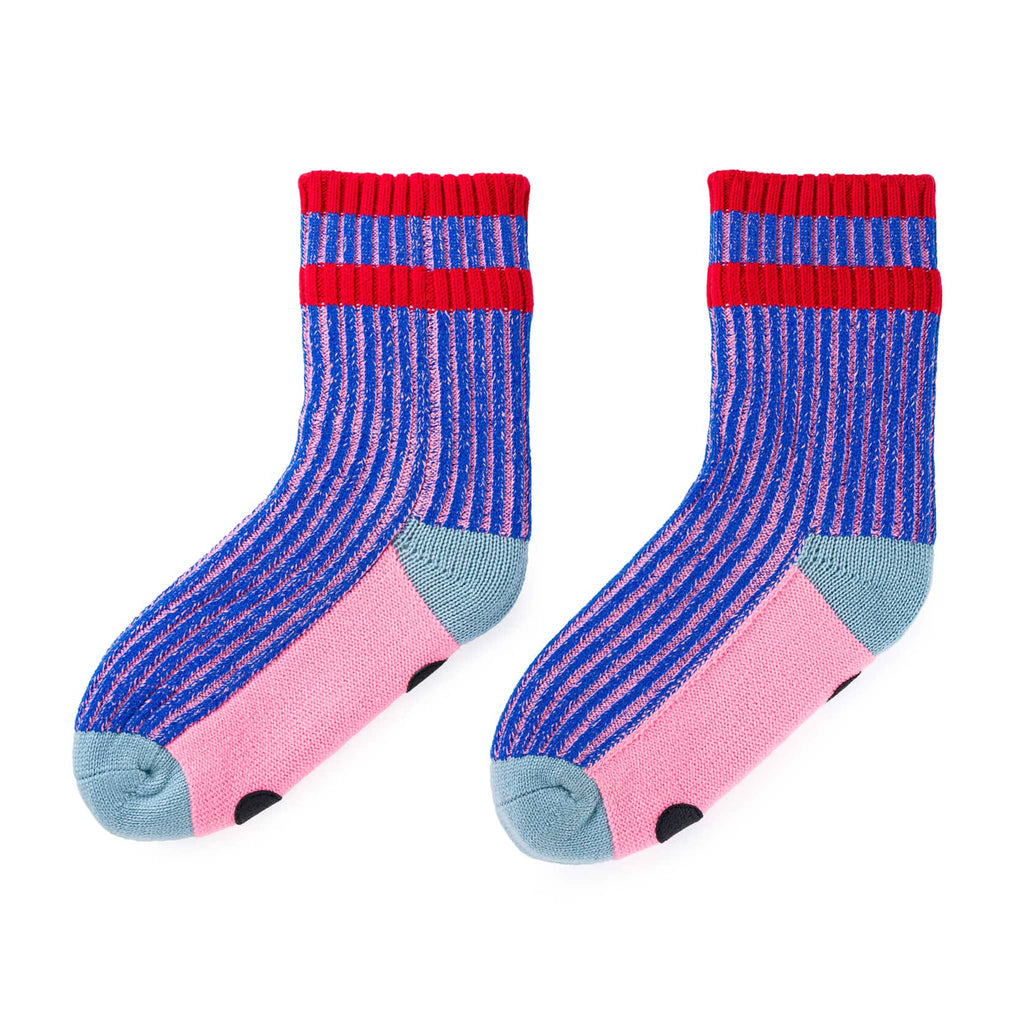 Verloop Cobalt and Pink Gym Stripe Soft Acrylic House Socks, pair shown side by side.