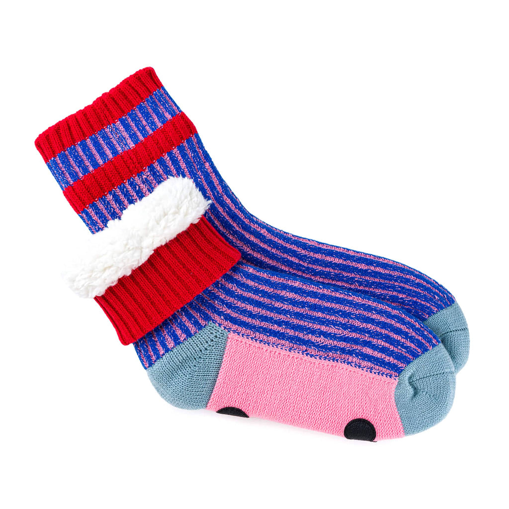 Verloop Cobalt and Pink Gym Stripe Soft Acrylic House Socks, stacked with cuff rolled down on one sock to show faux fleece lining.