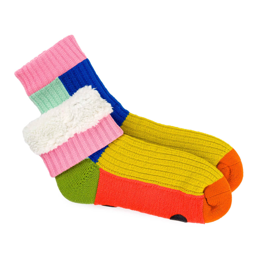 Verloop Kaleidoscope color-blocked house slipper socks with fleece lining showing.