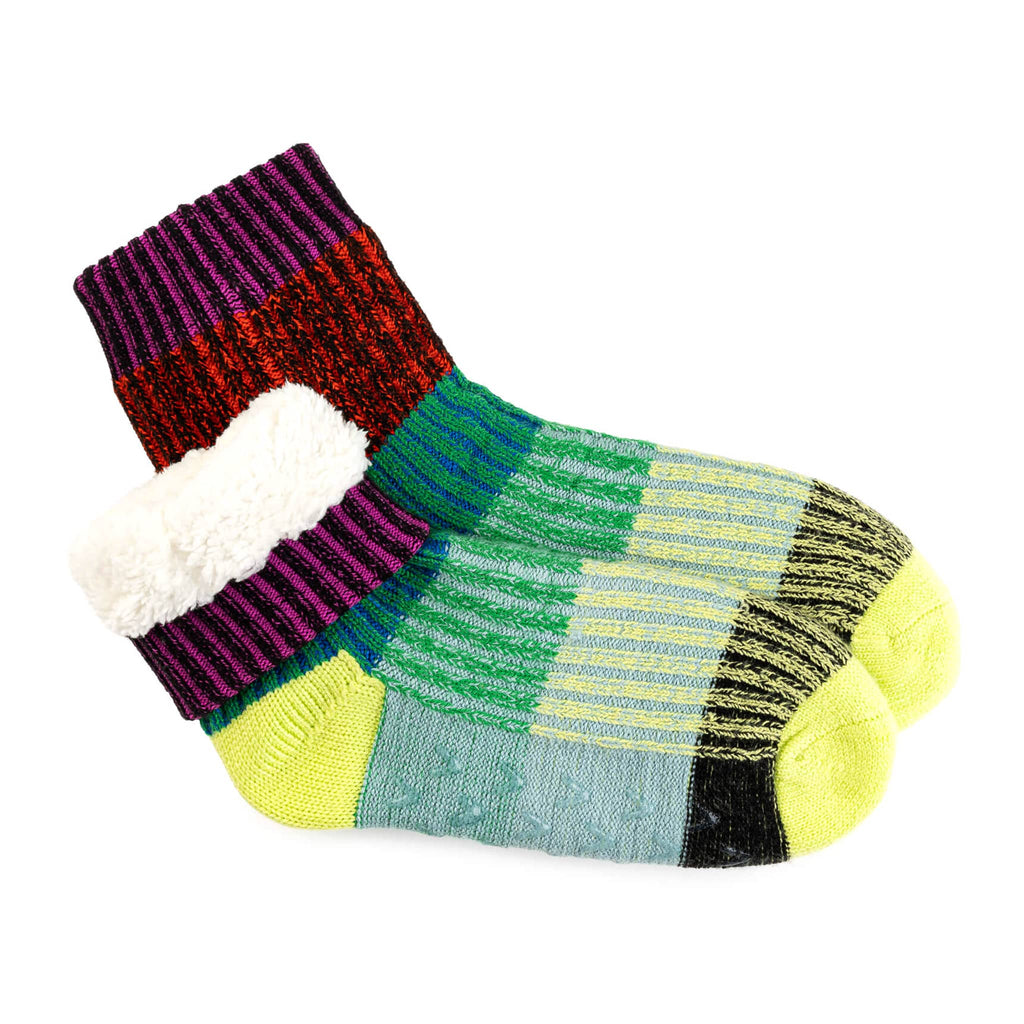Verloop Mosaic Lime and Cobalt color-blocked house slipper socks with fleece lining showing.