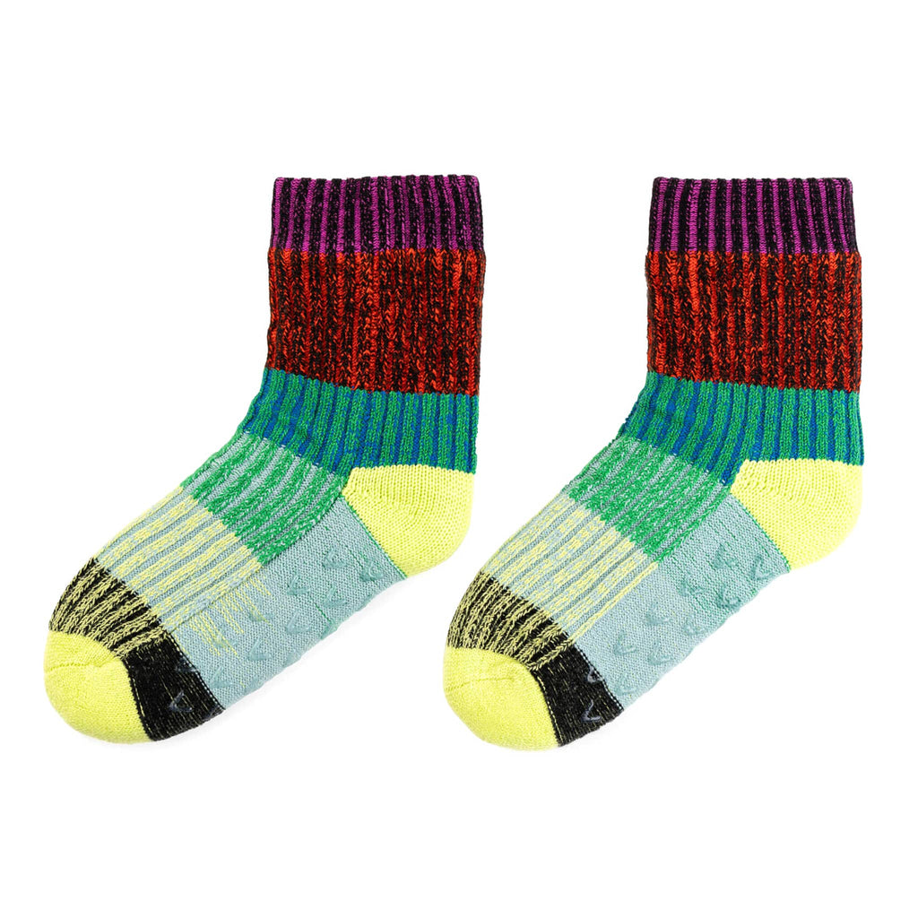 Verloop Mosaic Lime and Cobalt color-blocked house slipper socks on a white background.