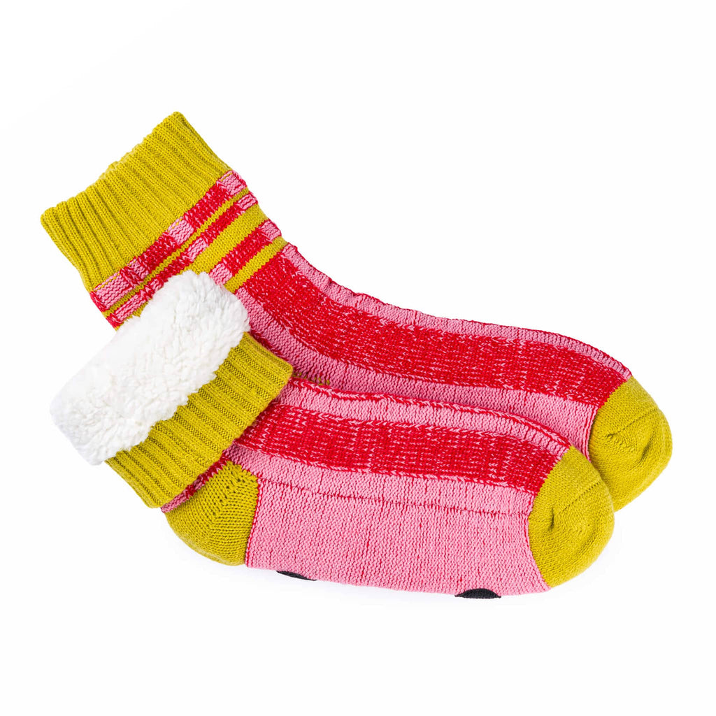 Verloop Plaid Stripe red, pink and yellow color-blocked house slipper socks with fleece lining showing.