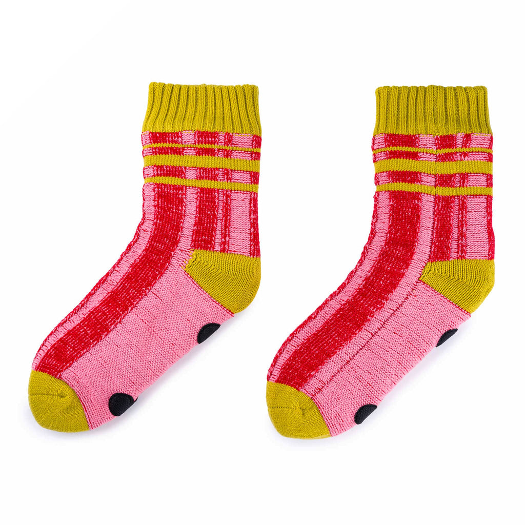 Verloop Plaid Stripe red, pink and yellow color-blocked house slipper socks on a white background.