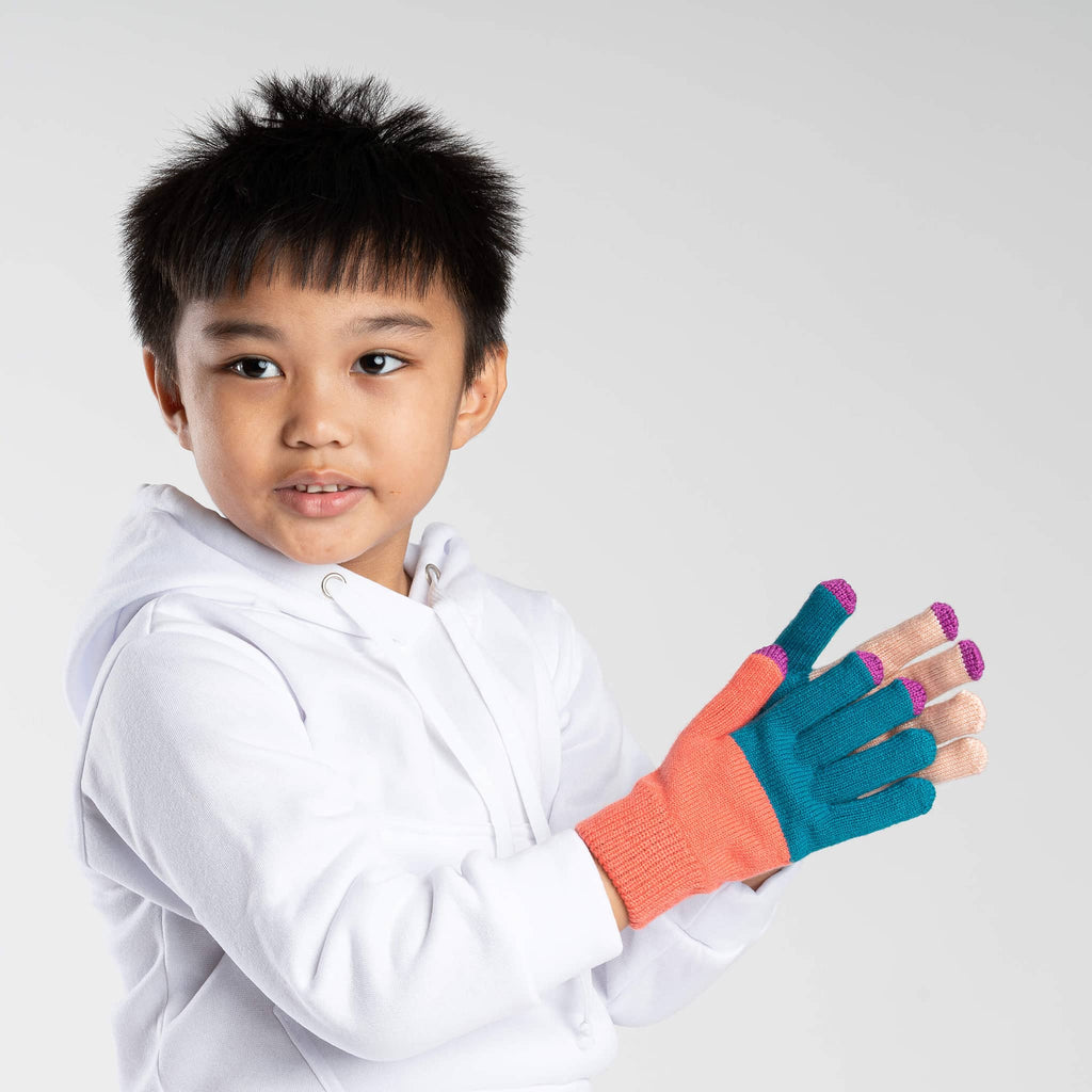 Verloop Kids Pair and a Spare Knit Touchscreen Gloves in Blush Teal on model.