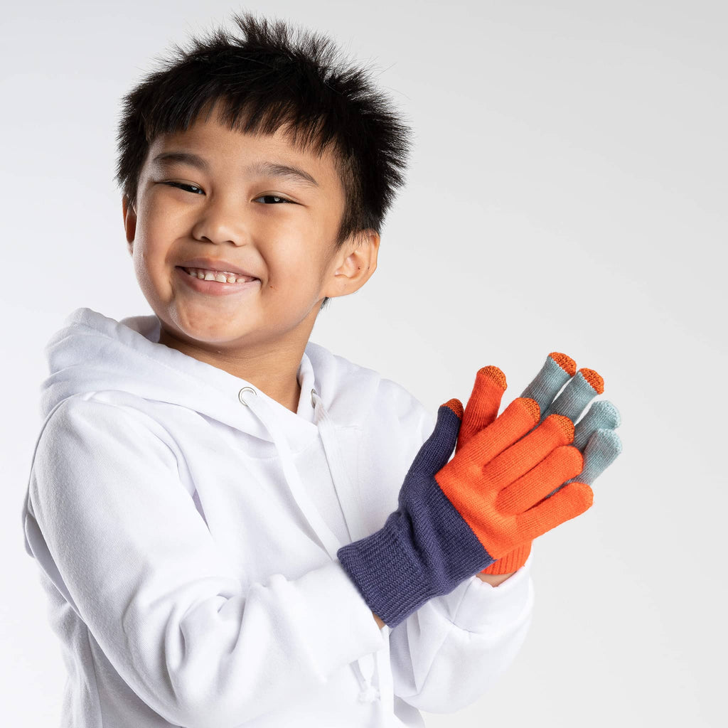 Verloop Kids Pair and a Spare Knit Touchscreen Gloves in Poppy Stone Blue on model.