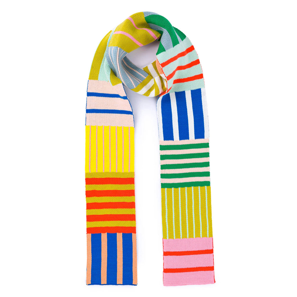 Verloop Patchwork Stripe Skinny Knit Scarf in rainbow colors.