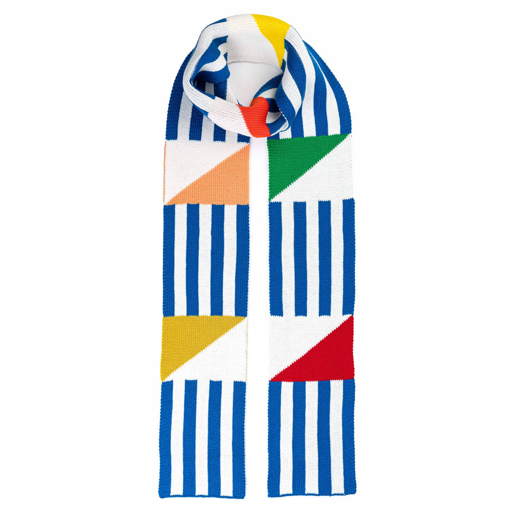 Blue and white striped knitted skinny scarf with sailing flag-inspired colorful insets, on a white background.