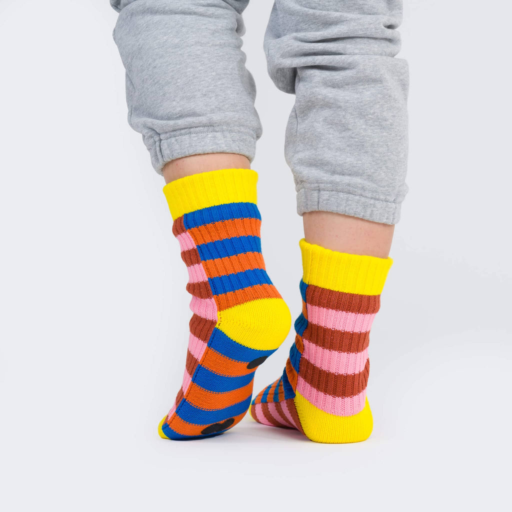 Verloop Cobalt and Flame Super Stripe Soft Acrylic House Socks, shown on model.