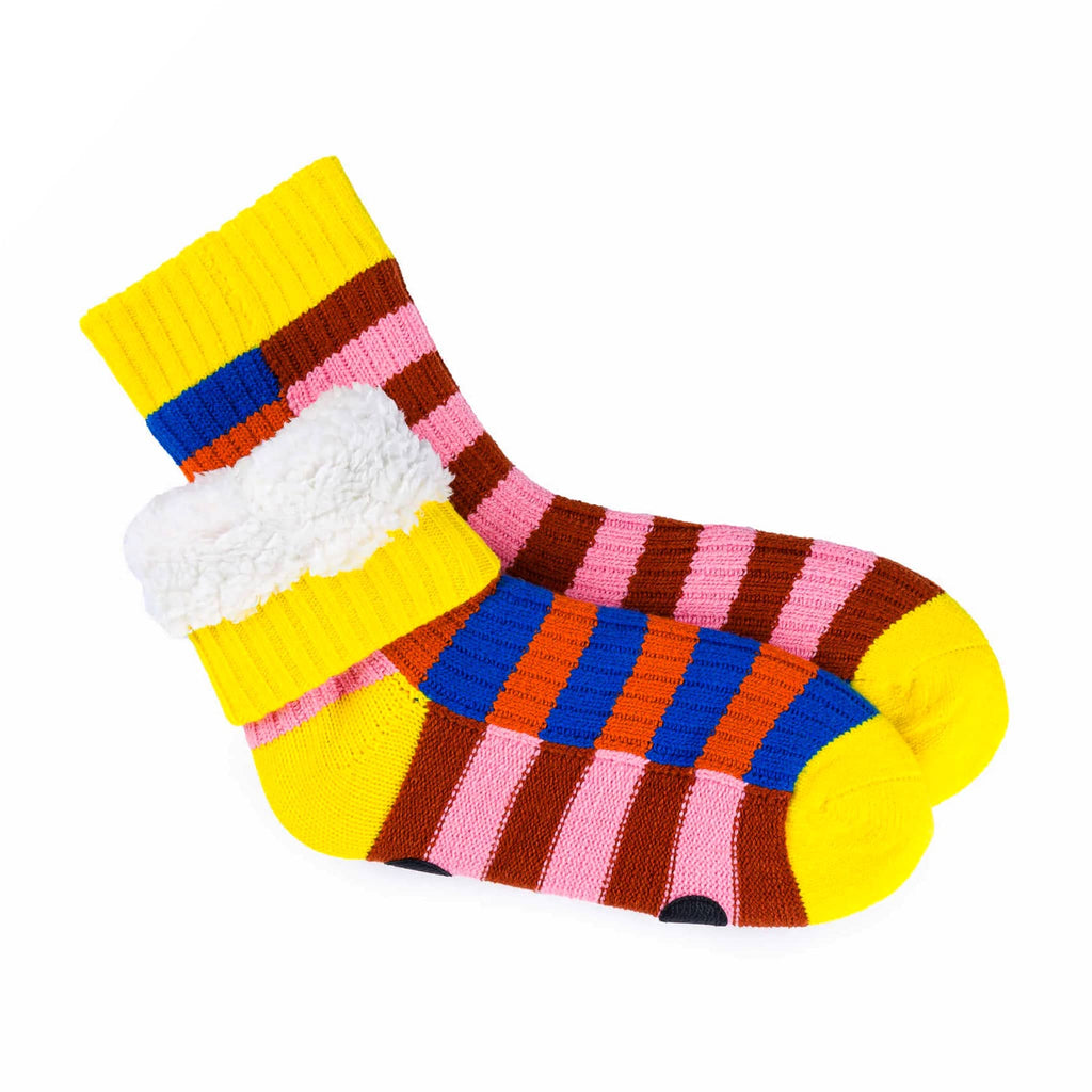 Verloop Cobalt and Flame Super Stripe Soft Acrylic House Socks, stacked with cuff rolled down on one sock to show faux fleece lining.