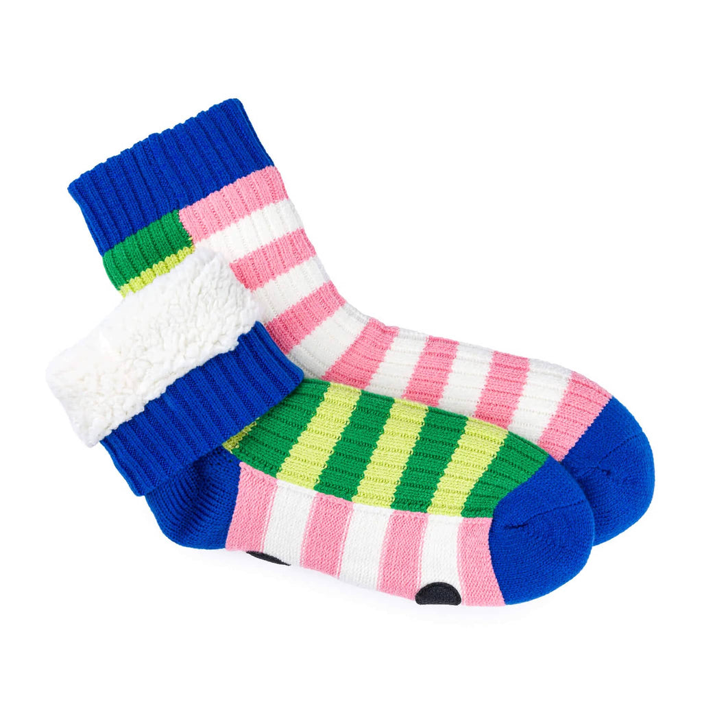 Verloop Super Stripe pink, green and blue slipper house socks with fleece lining showing, on a white background.