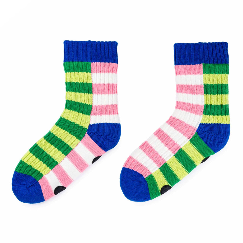 Verloop Super Stripe pink, green and blue slipper house socks, on a white background.