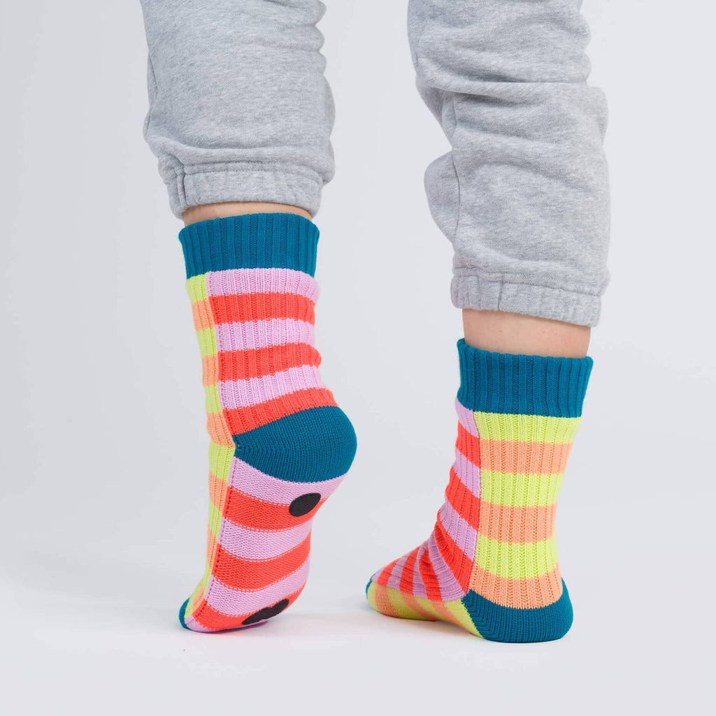 Verloop Poppy and Lilac Super Stripe Soft Acrylic House Socks, shown on model.