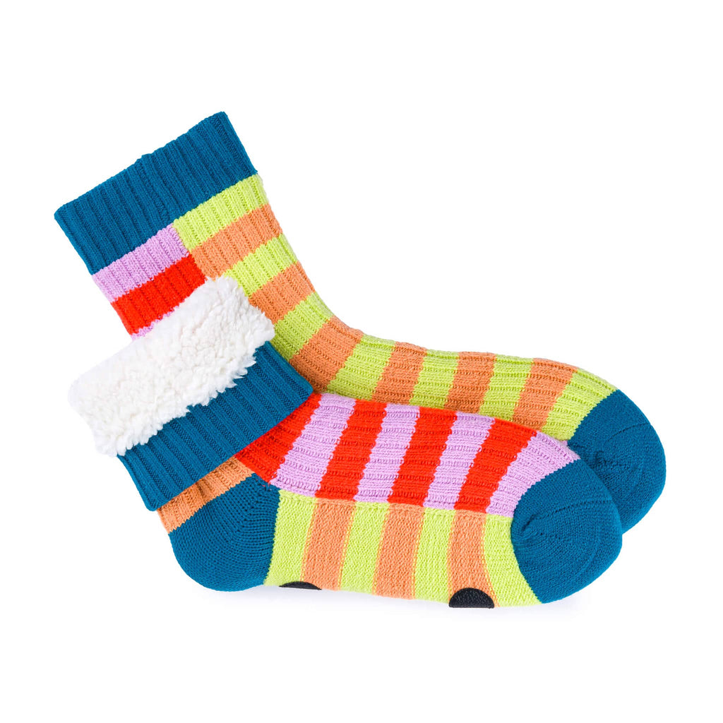 Verloop Poppy and Lilac Super Stripe Soft Acrylic House Socks, stacked with cuff rolled down on one sock to show faux fleece lining.