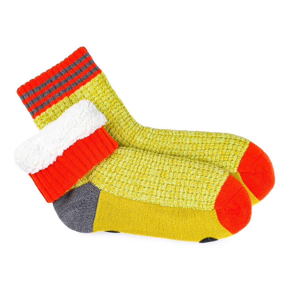 Verloop Varsity Knit yellow, orange and gray color-blocked slipper house socks with fleece lining showing, on a white background.
