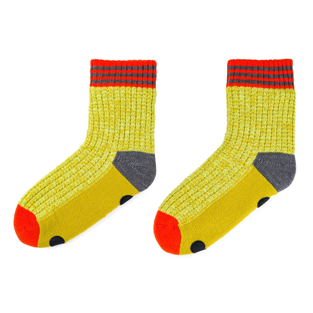 Verloop Varsity Knit yellow, orange and gray color-blocked slipper house socks, on a white background.