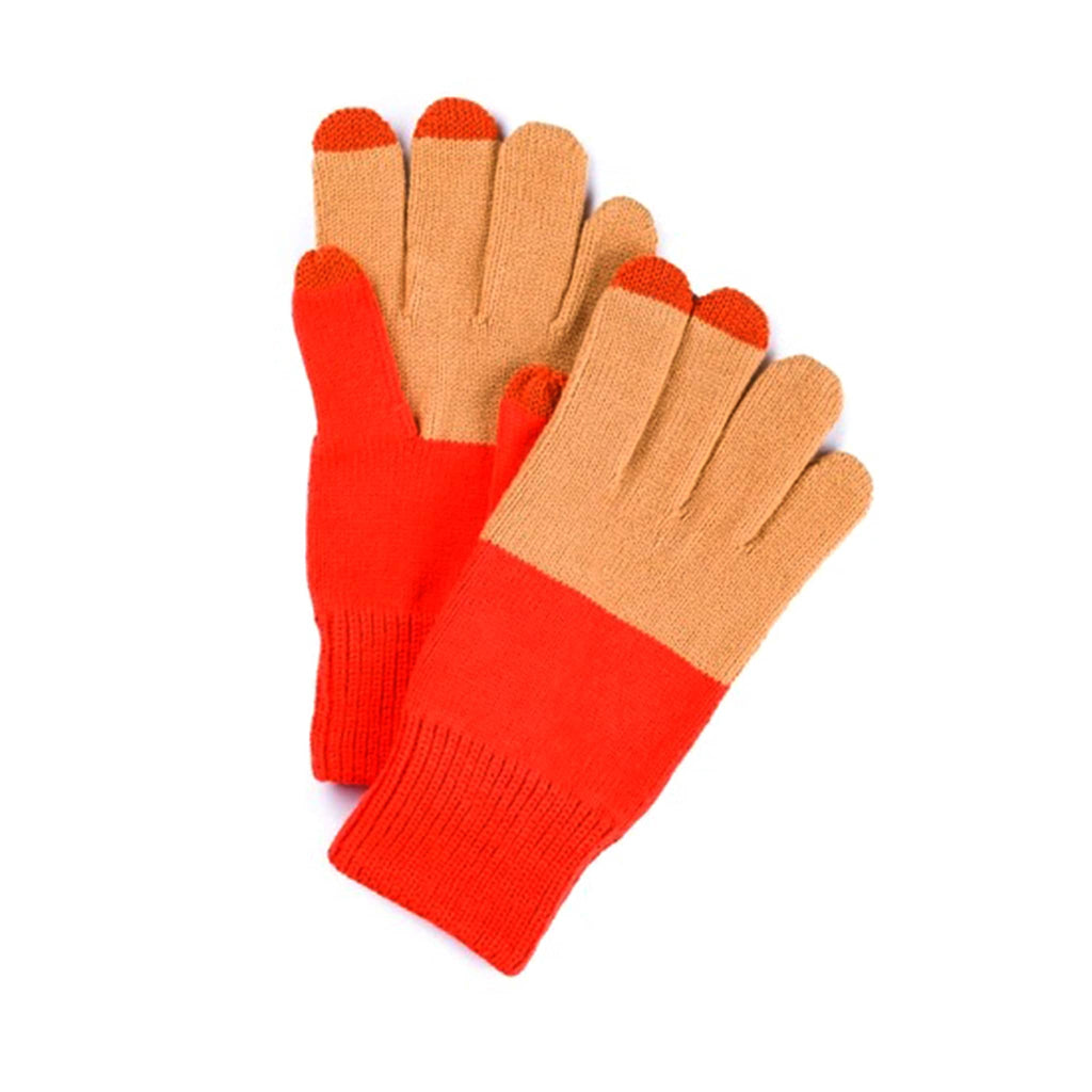 Verloop Extra Large Camel and Poppy Colorblock Touchscreen Friendly Winter Gloves, pair showing top and bottom, stacked.