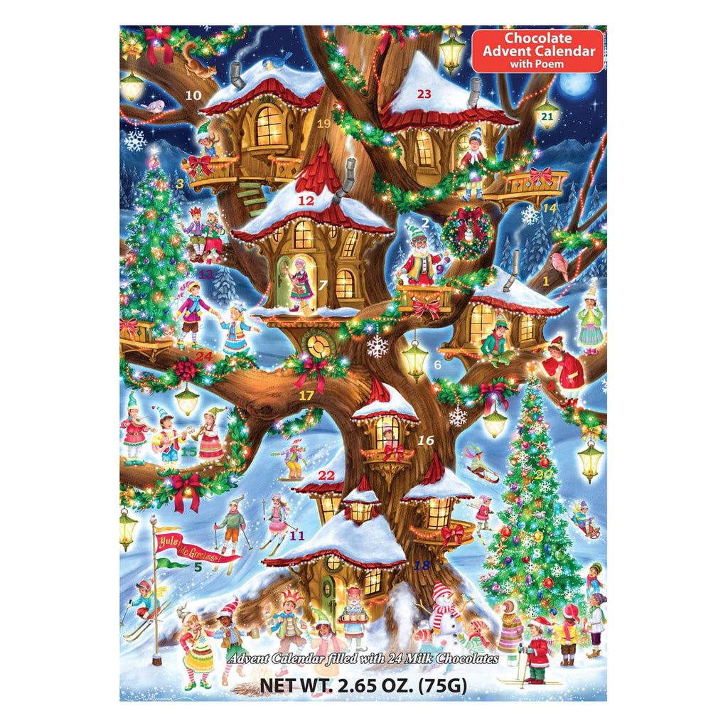  Vermont Christmas Company Elves' Treehouse illustrated holiday advent calendar with milk chocolates inside. Illustration on the front of the box depicts a lit tree filled with tiny houses decked out in holiday splendor with elves doing various holiday activities all around.