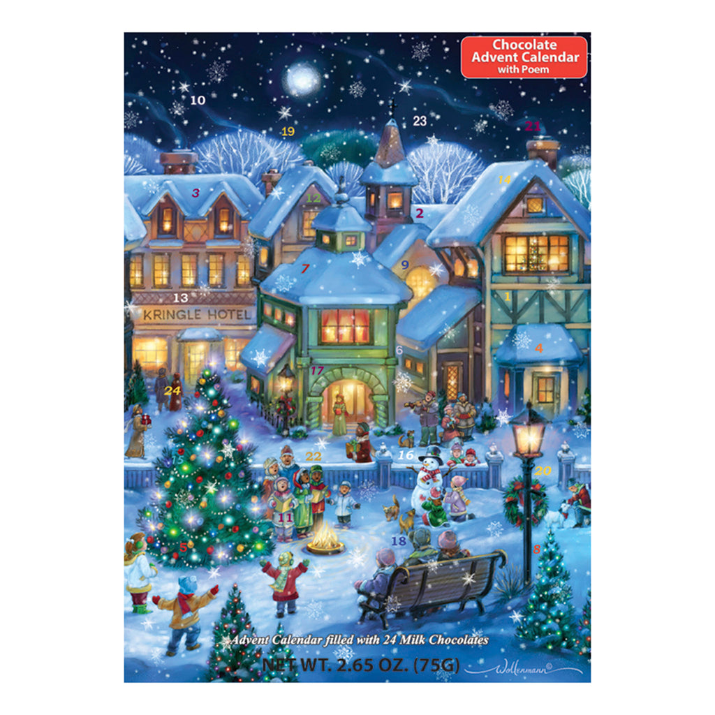 Vermont Christmas Company Holiday Village Square christmas advent calendar with milk chocolates inside. Front of box depicts a snowy town square at night decked out for the holidays with carolers and a snowman.