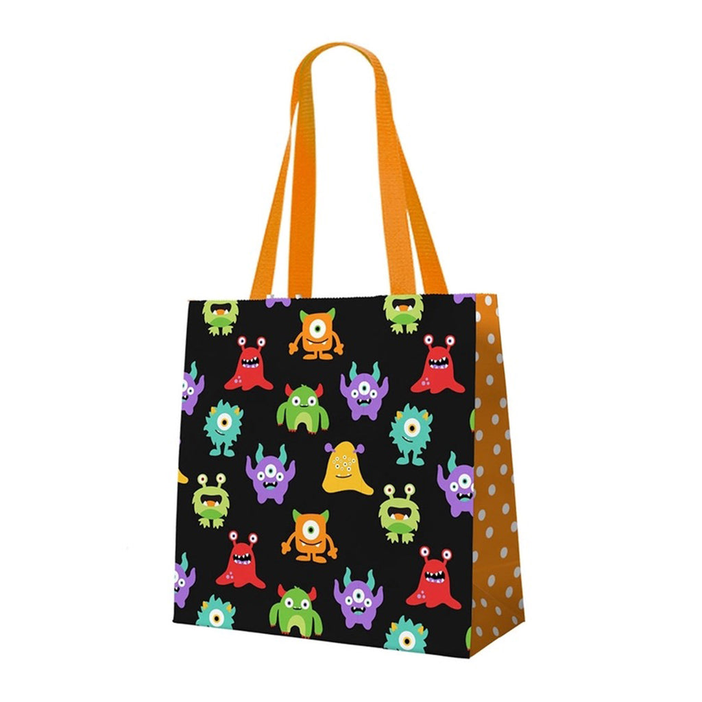 Viv & Lou Candy Monster Halloween Trick or Treat Recycled Plastic Tote Bag with orange handles and colorful monsters on a black background.