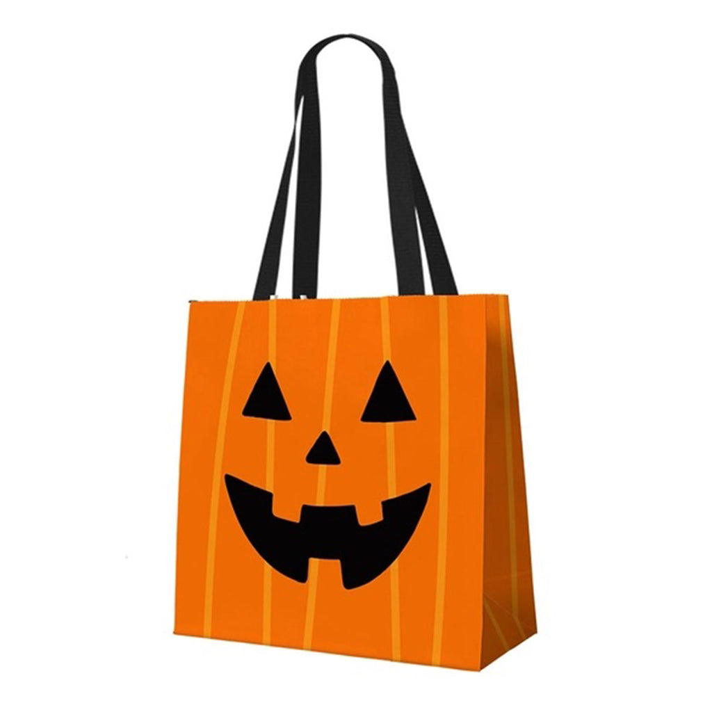 Viv & Lou Pumpkin Halloween Trick or Treat Recycled Plastic Tote Bag with black handles and a jack-o-lantern face on an orange striped tote bag.