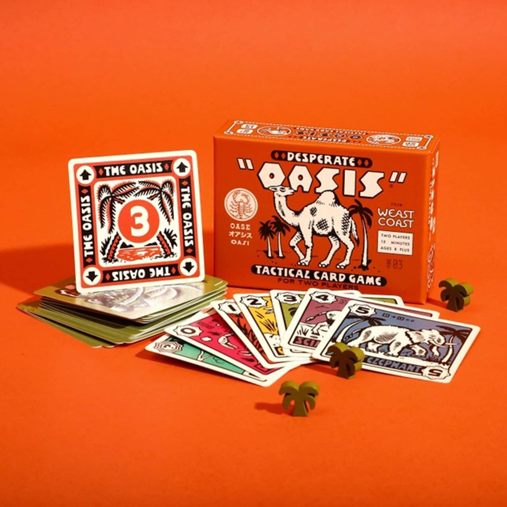 Desperate Oasis tactical card game packaging and cards on an orange background.