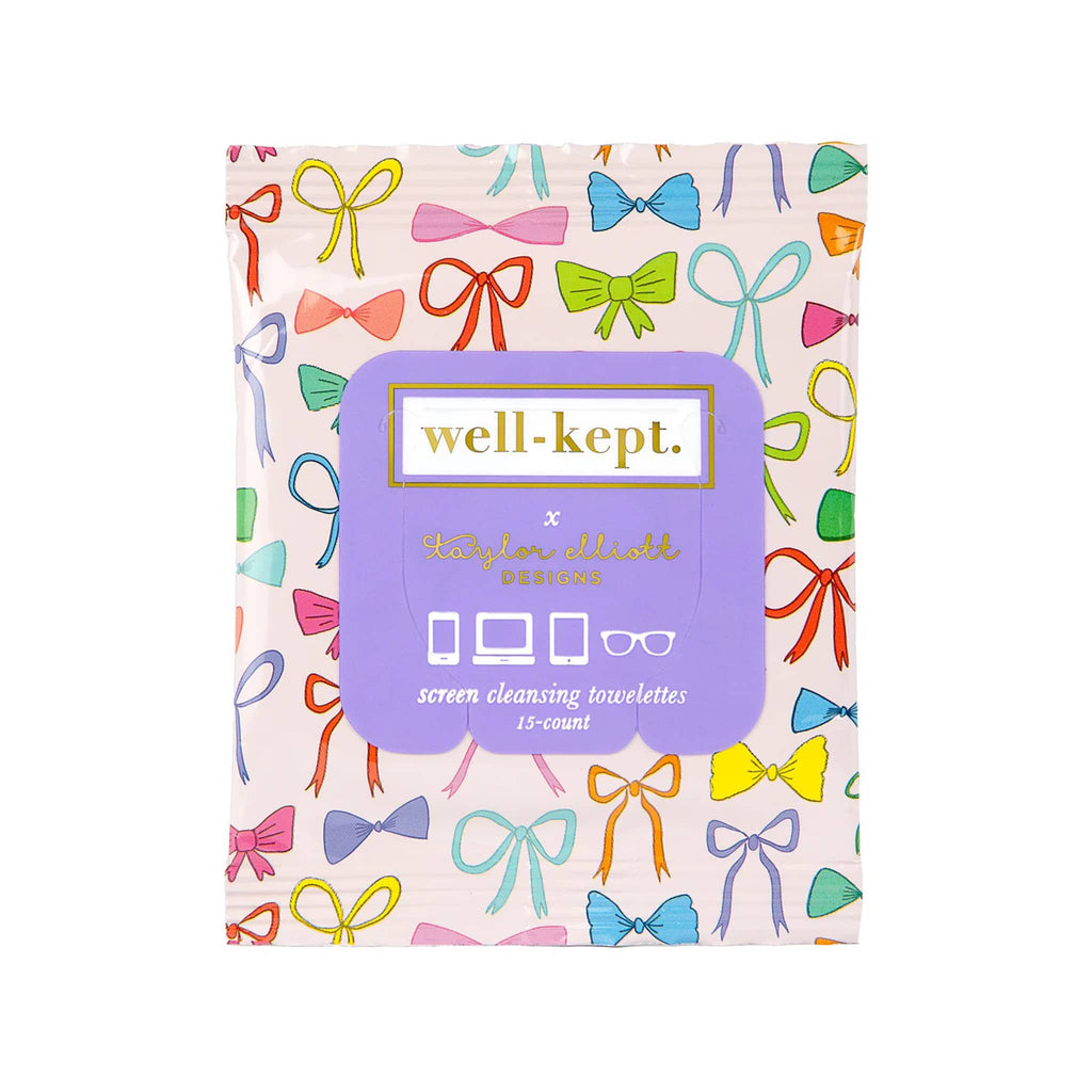 well-kept x Taylor Elliott, Tatum screen cleaning wipes in packaging with colorful bow print on a pink backdrop, front view.