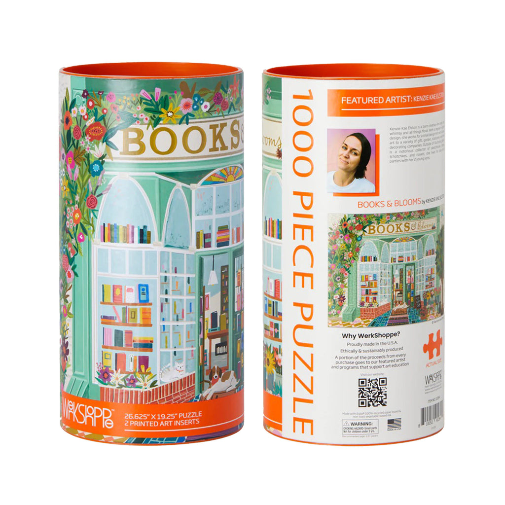 Werkshoppe 1000 piece Books & Blooms jigsaw puzzle in canister packaging, front and back view.