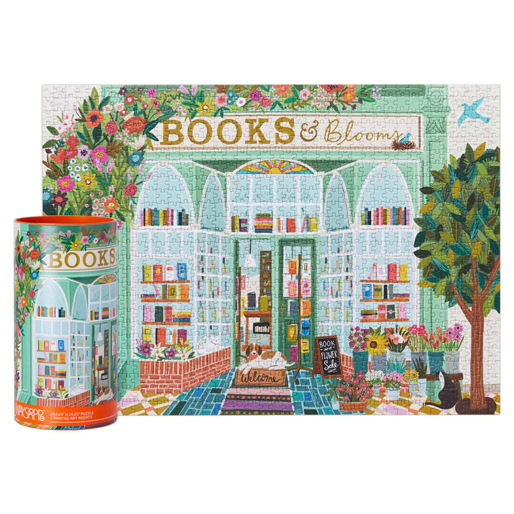 Werkshoppe 1000 piece Books & Blooms completed jigsaw puzzle with canister packaging.