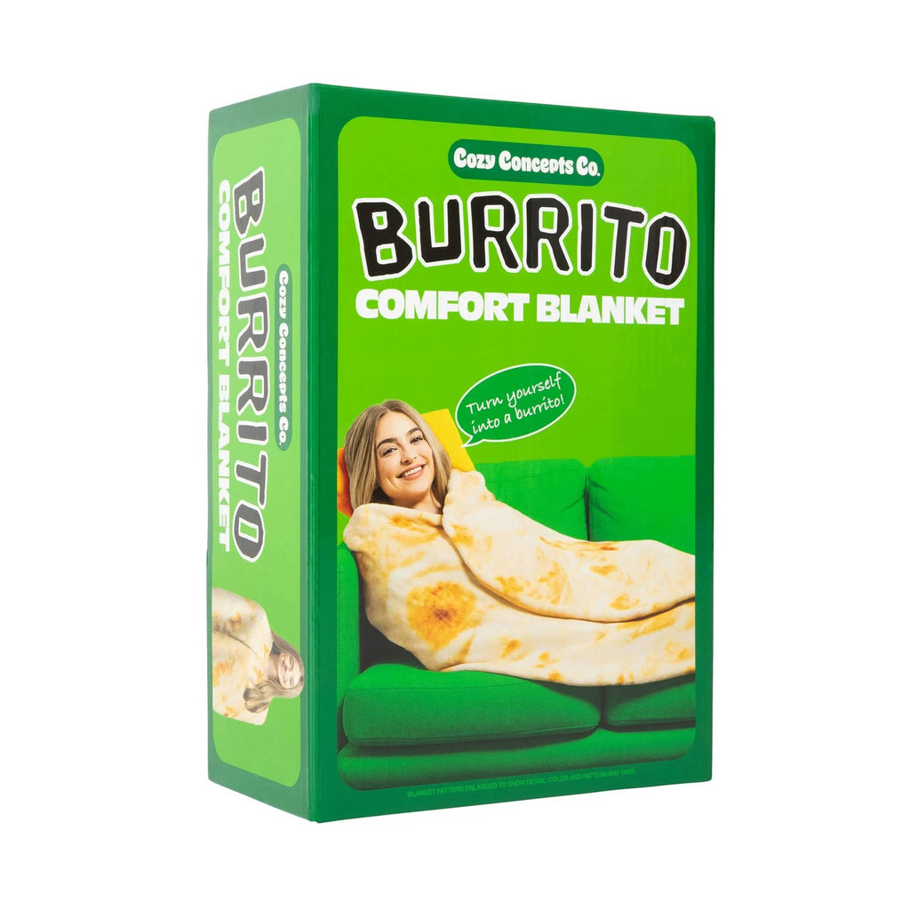 Green box of a 'Burrito Comfort Blanket' with a person wrapped in the blanket on a white background.
