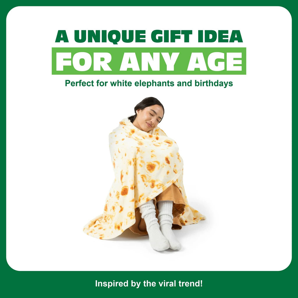 Person wrapped in a burrito-themed blanket with promotional text and a green border.