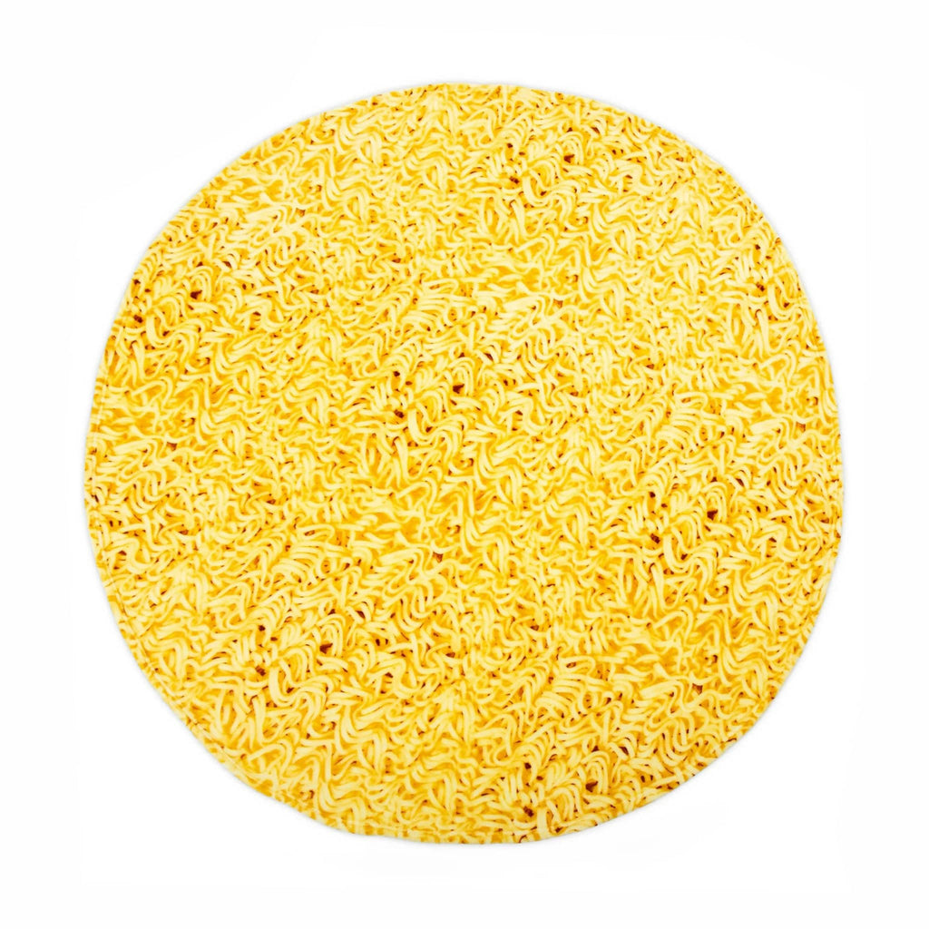 Round yellow ramen noodle printed blanket on a white background.