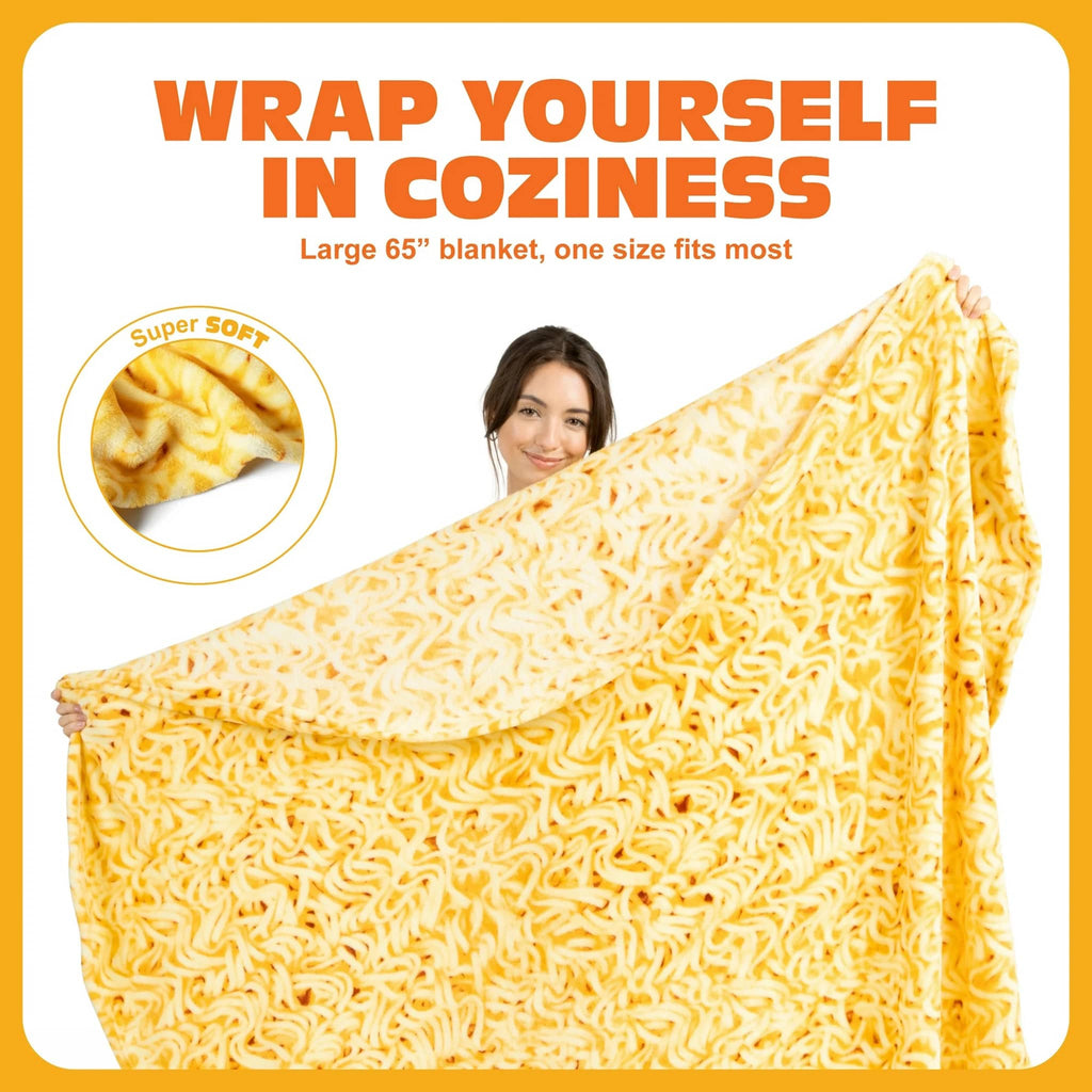 Blanket with a ramen noodle print being held up by a person with inset showing fabric detail.