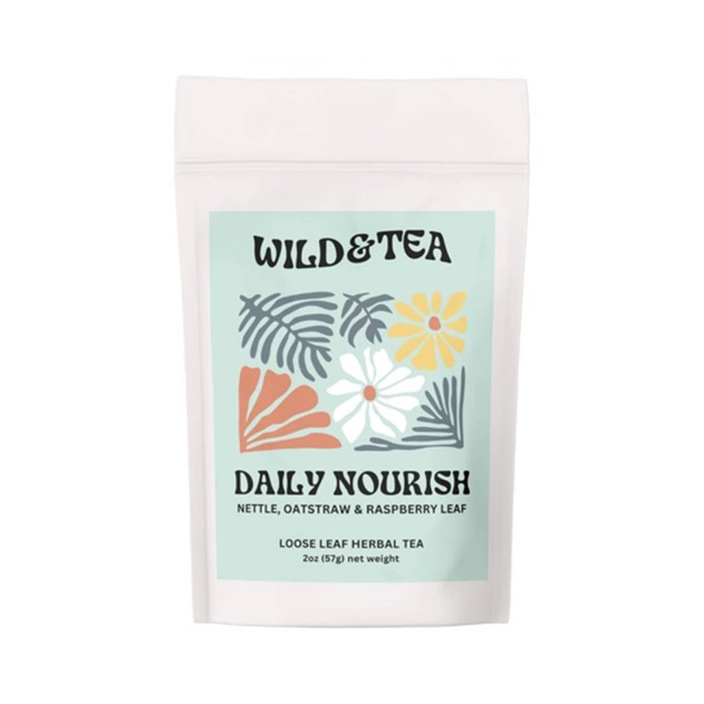 Wild & Tea Daily Nourish loose-leaf herbal tea in plastic-free, compostable, pouch packaging, front view.