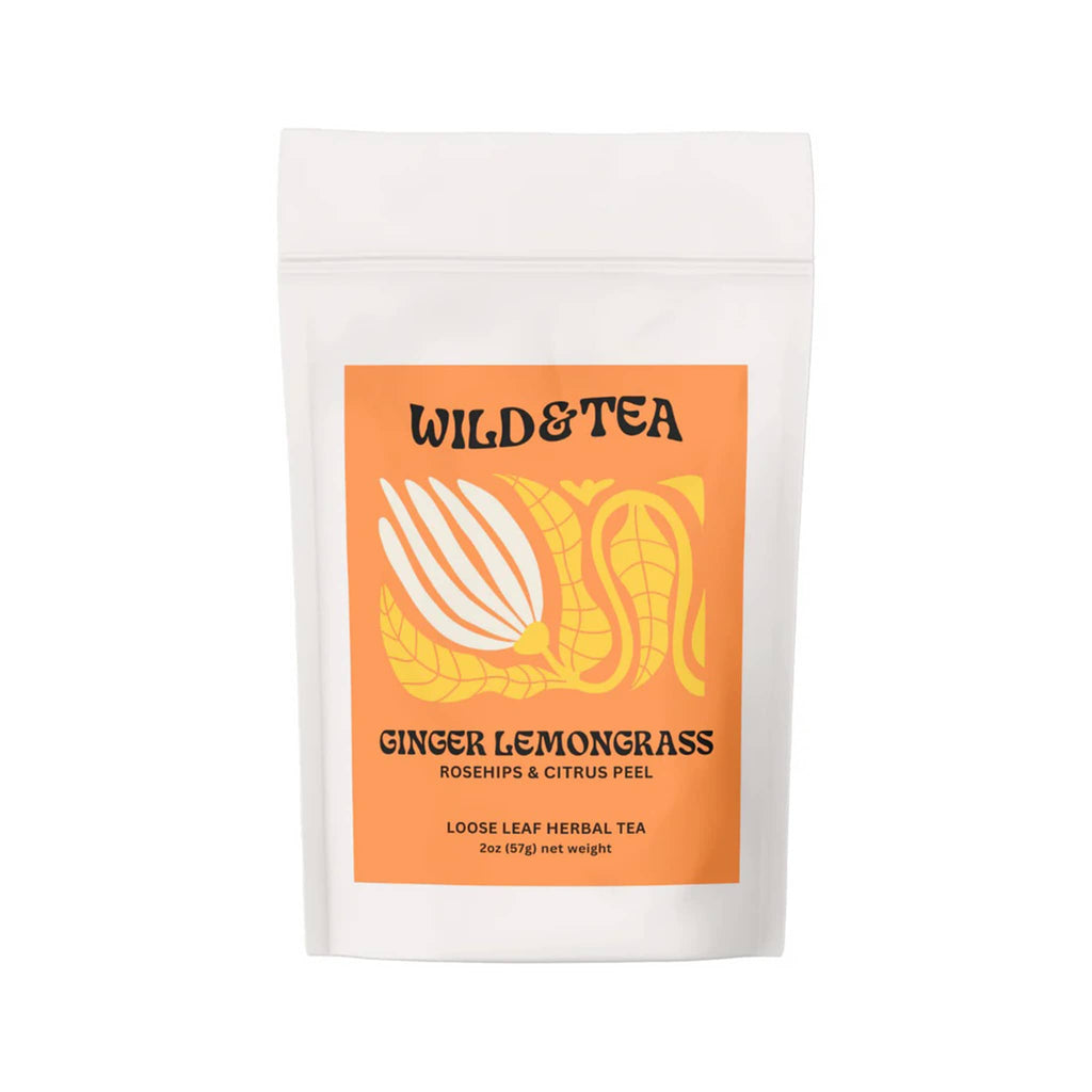 Wild & Tea Ginger Lemongrass loose-leaf herbal tea in plastic-free, compostable, pouch packaging, front view.
