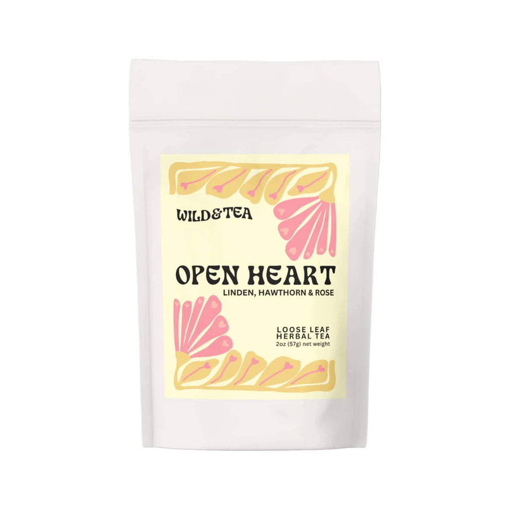 Wild & Tea Open Heart loose-leaf herbal tea in plastic-free, compostable, pouch packaging, front view.