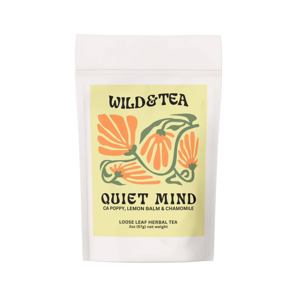 Wild & Tea Quiet Mind loose-leaf herbal tea in plastic-free, compostable, pouch packaging, front view.