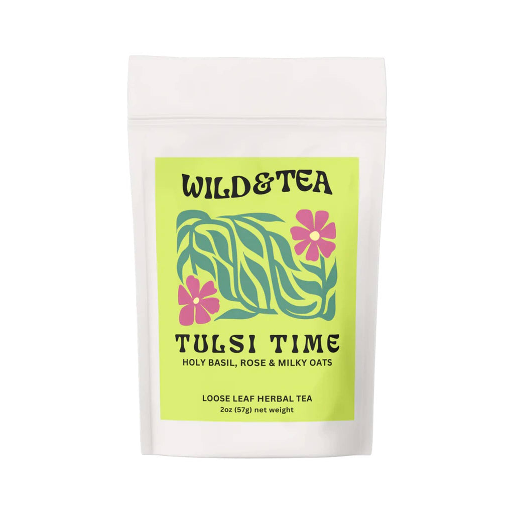 Wild & Tea Tulsi Time loose-leaf herbal tea in plastic-free, compostable, pouch packaging, front view.