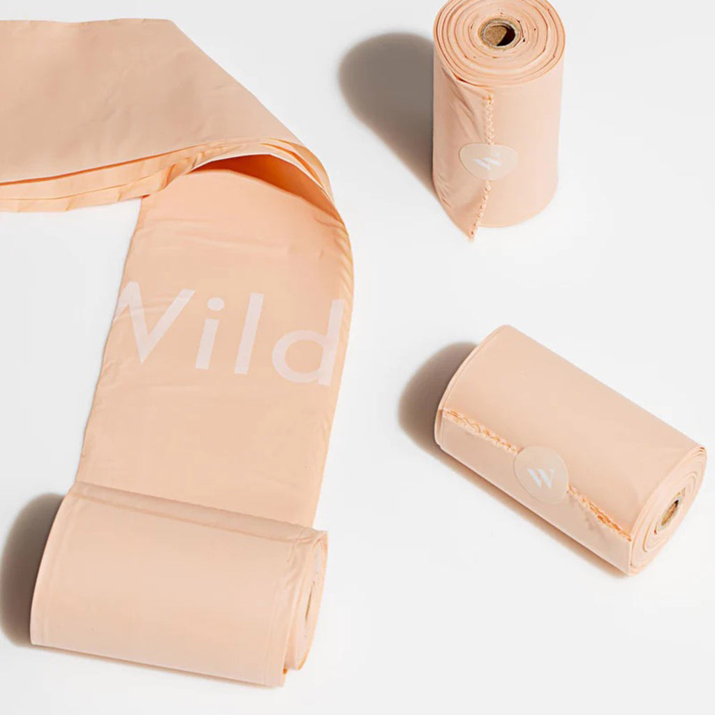 Wild One eco-friendly corn starch based dog poop bags in rolls.