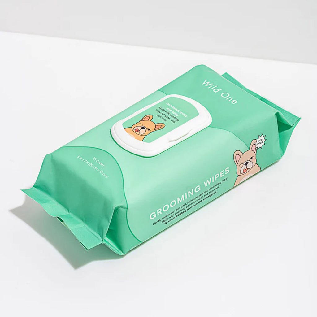 Wild One Eucalyptus scented dog grooming wipes in green pouch packaging.