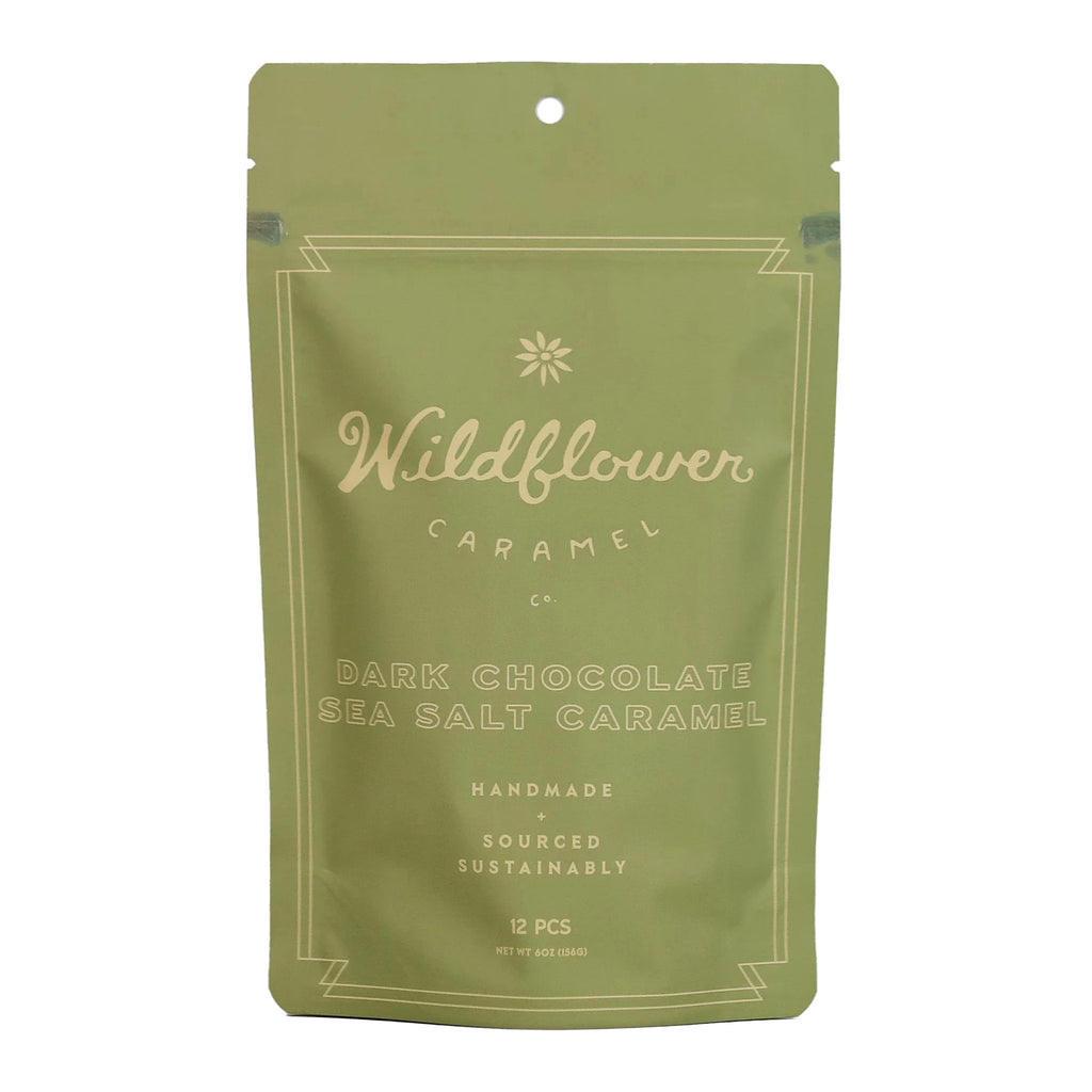 Wildflower Caramel Company Dark Chocolate and Sea Salt Caramels in green resealable pouch packaging, front view.