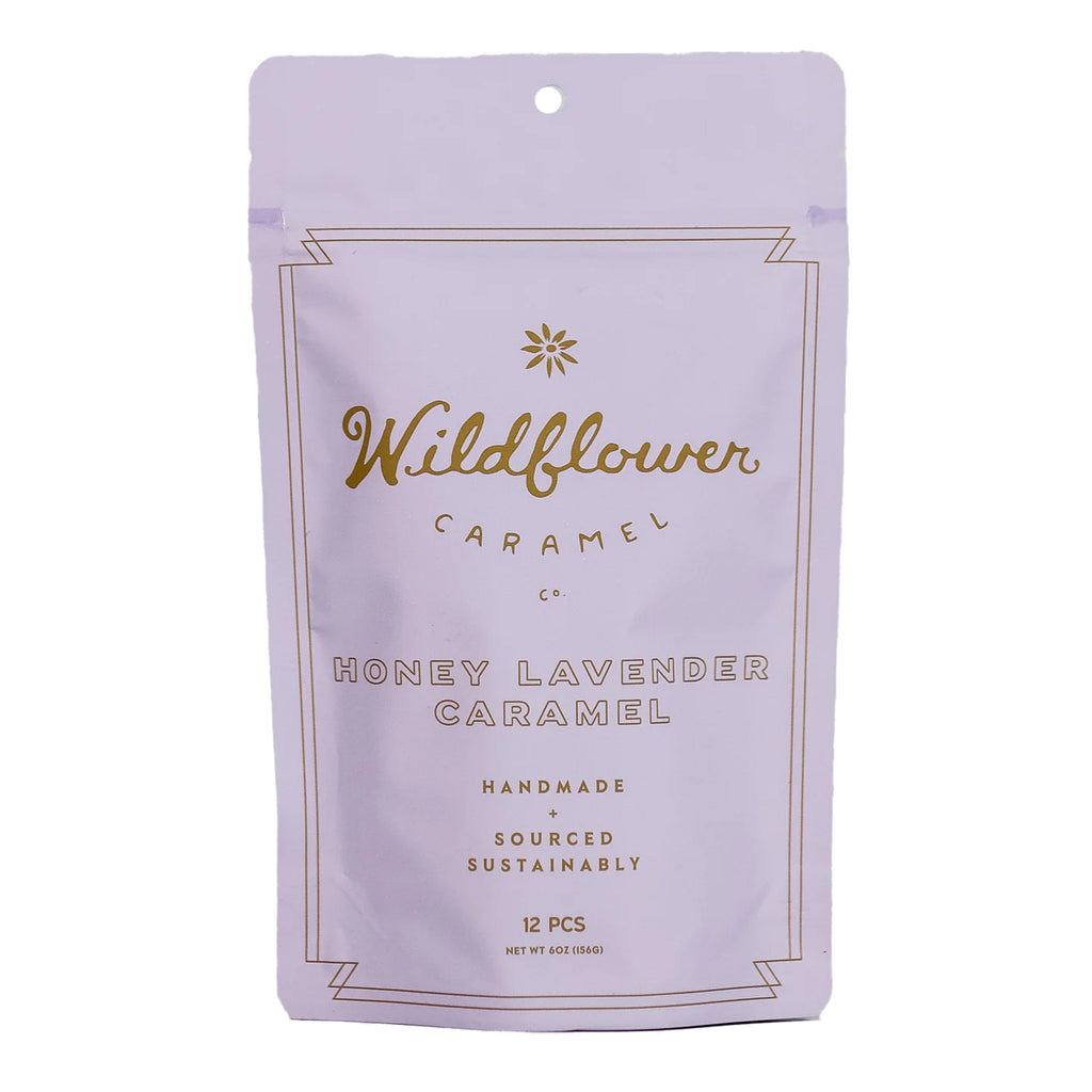 Wildflower Caramel Company Honey Lavender Caramels in lilac resealable pouch packaging, front view.