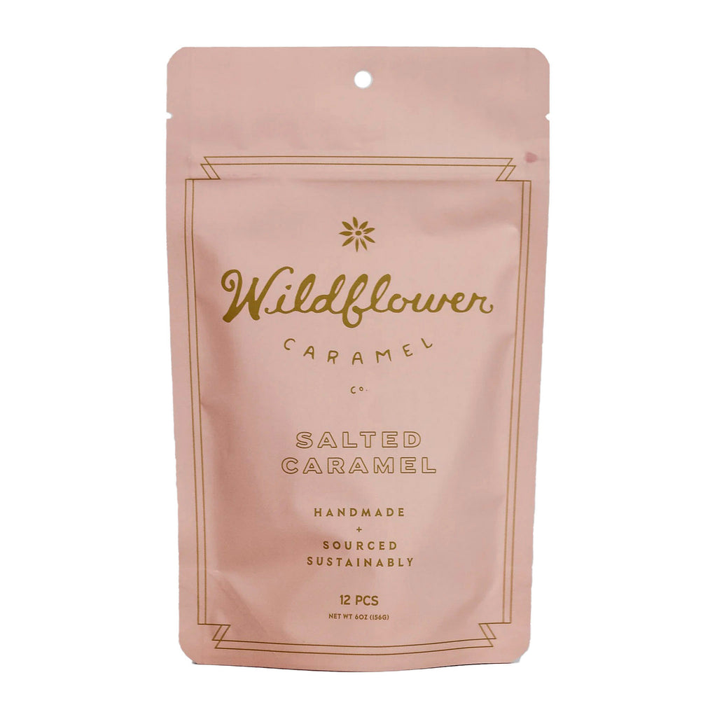 Wildflower Caramel Company Salted Caramels in dusty pink resealable pouch packaging, front view.