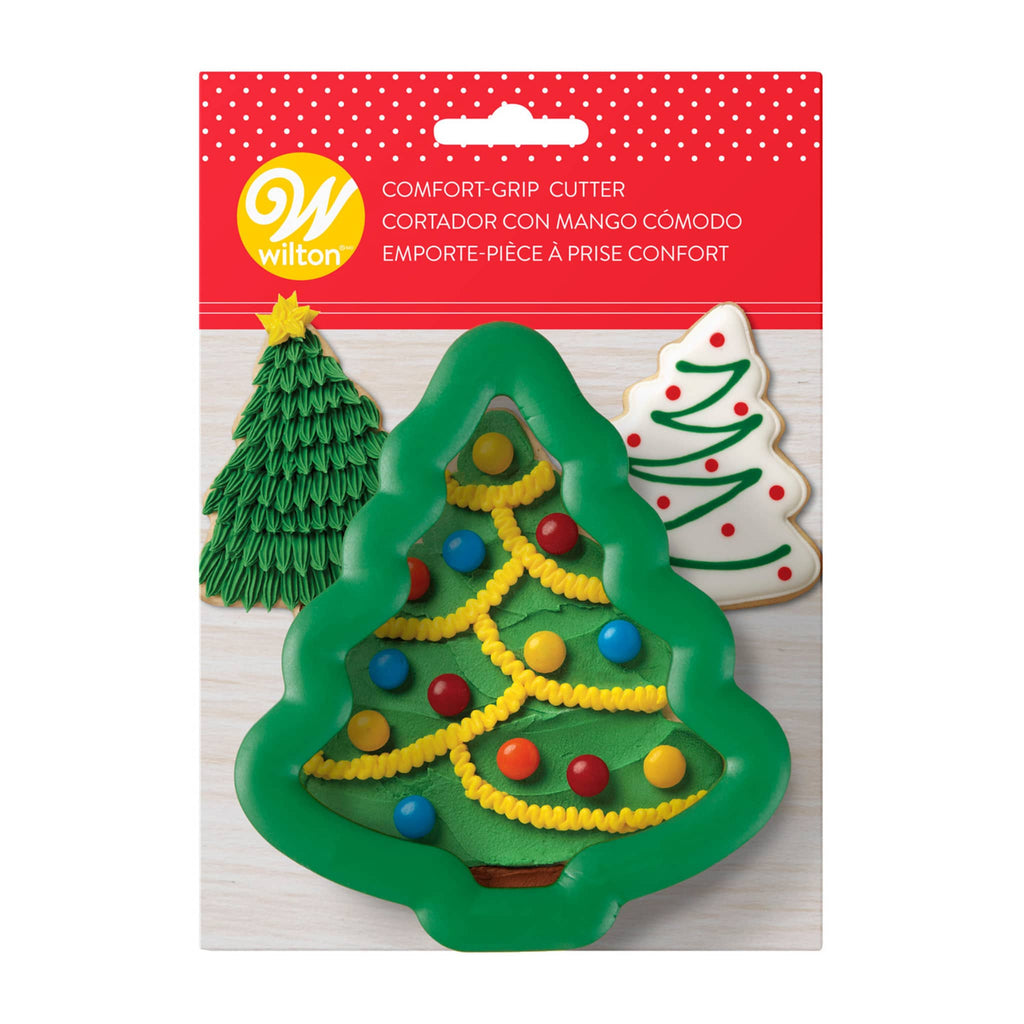 Wilton Christmas Tree heavy-duty green comfort-grip cookie cutter in packaging, front view.