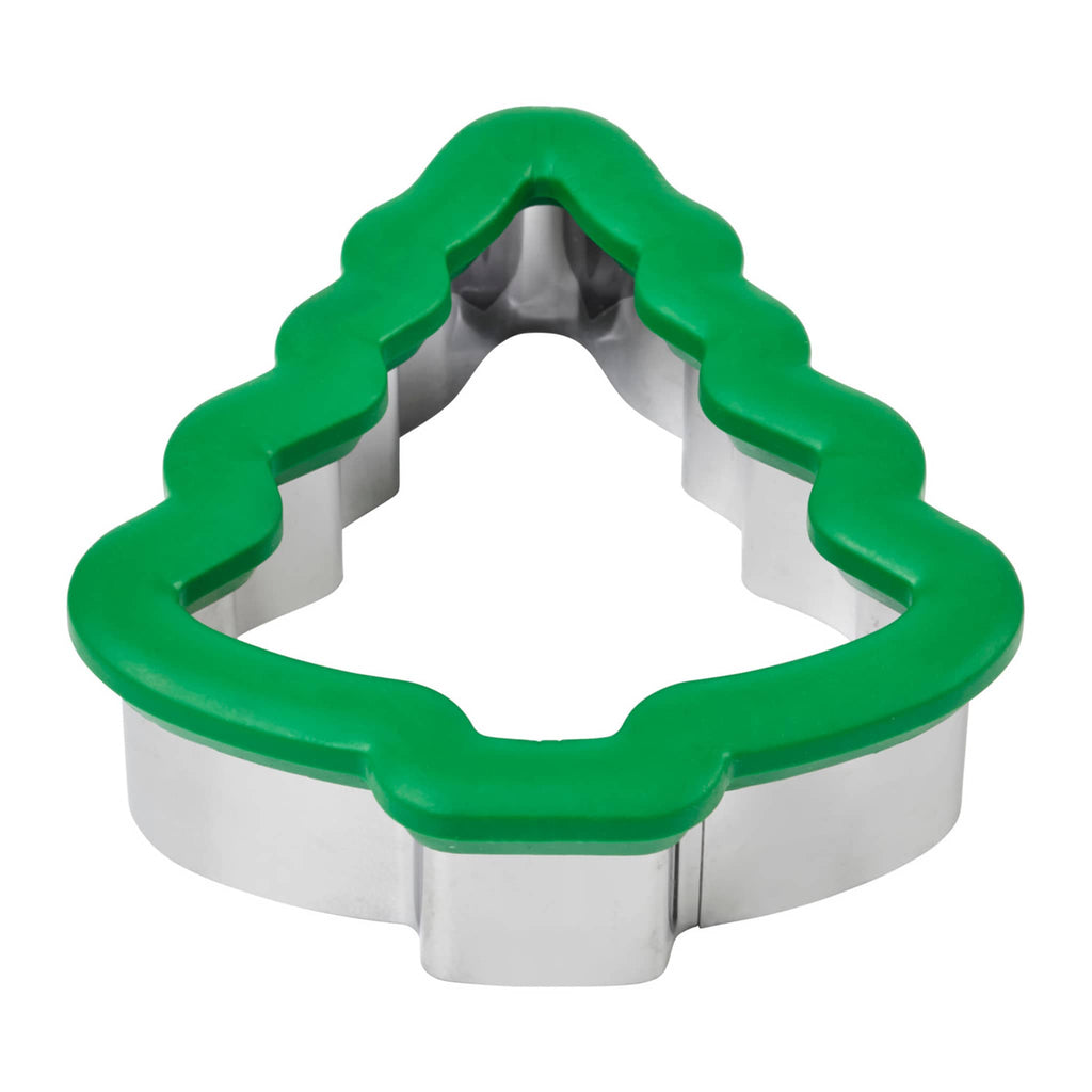 Wilton Christmas Tree heavy-duty green comfort-grip cookie cutter, side view.