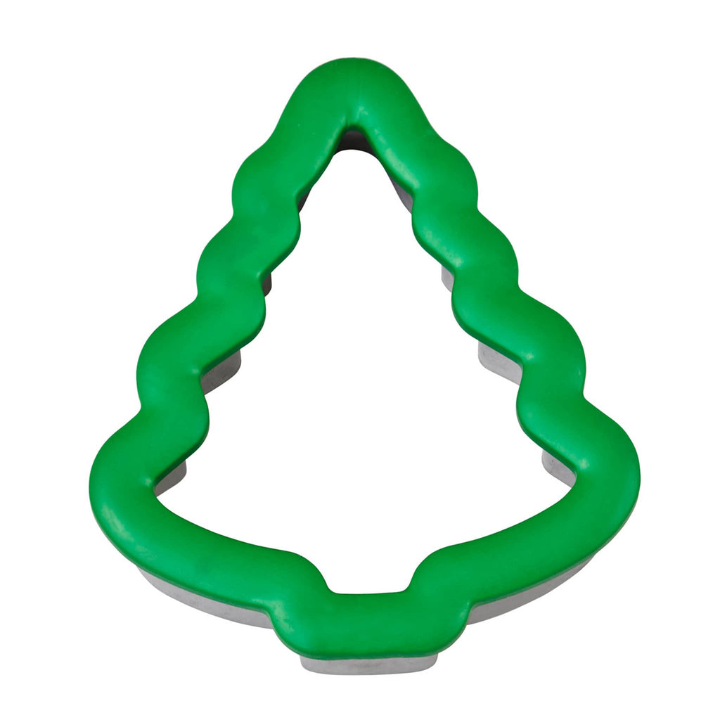 Wilton Christmas Tree heavy-duty green comfort-grip cookie cutter in packaging, top view.