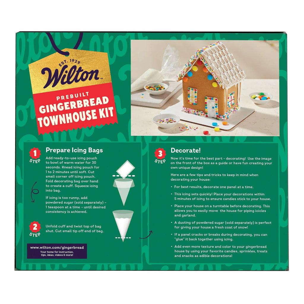 Wilton Pre-Built Gingerbread Townhouse Kit in box packaging, back view.