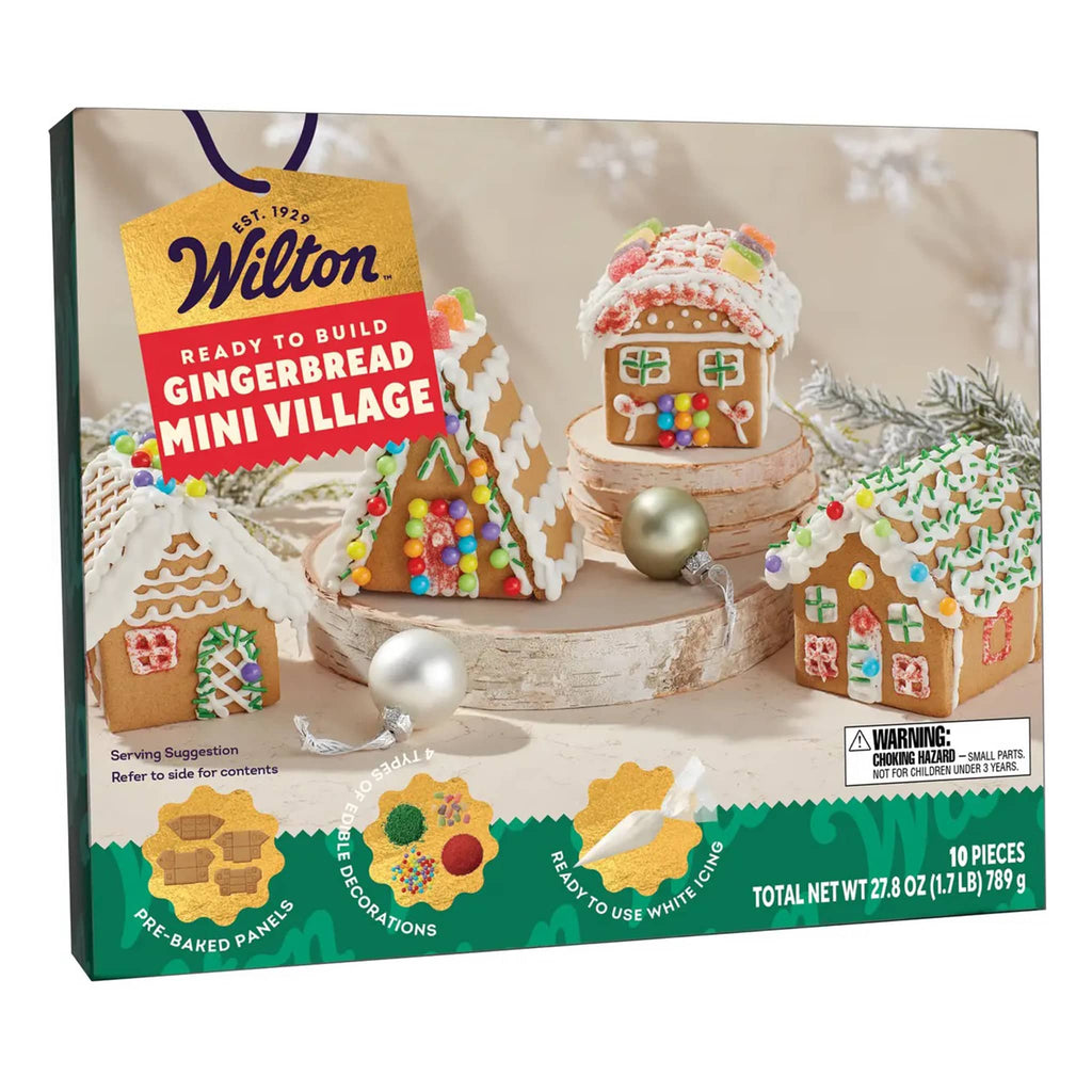 Wilton ready to build gingerbread mini village kit in box packaging, front angle.