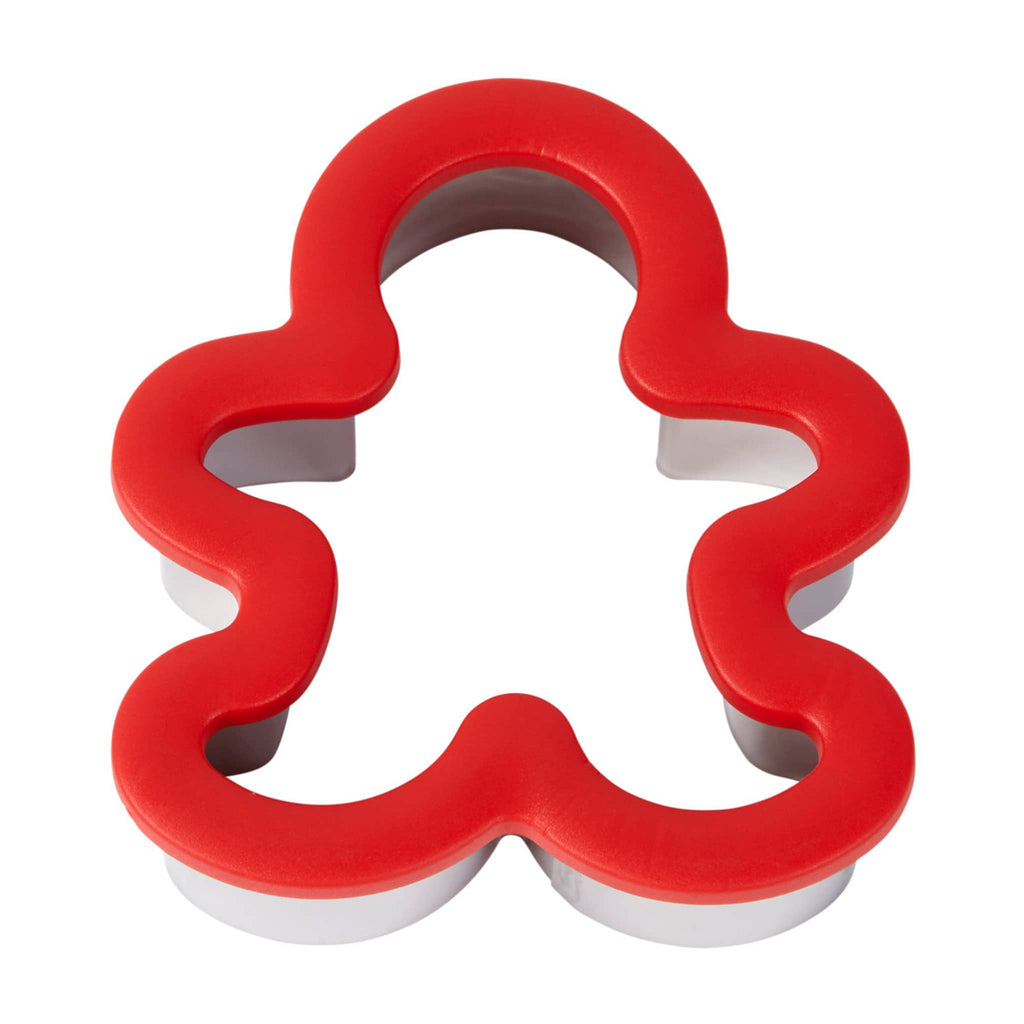 Wilton Gingerbread Man heavy-duty red comfort-grip cookie cutter, side view.