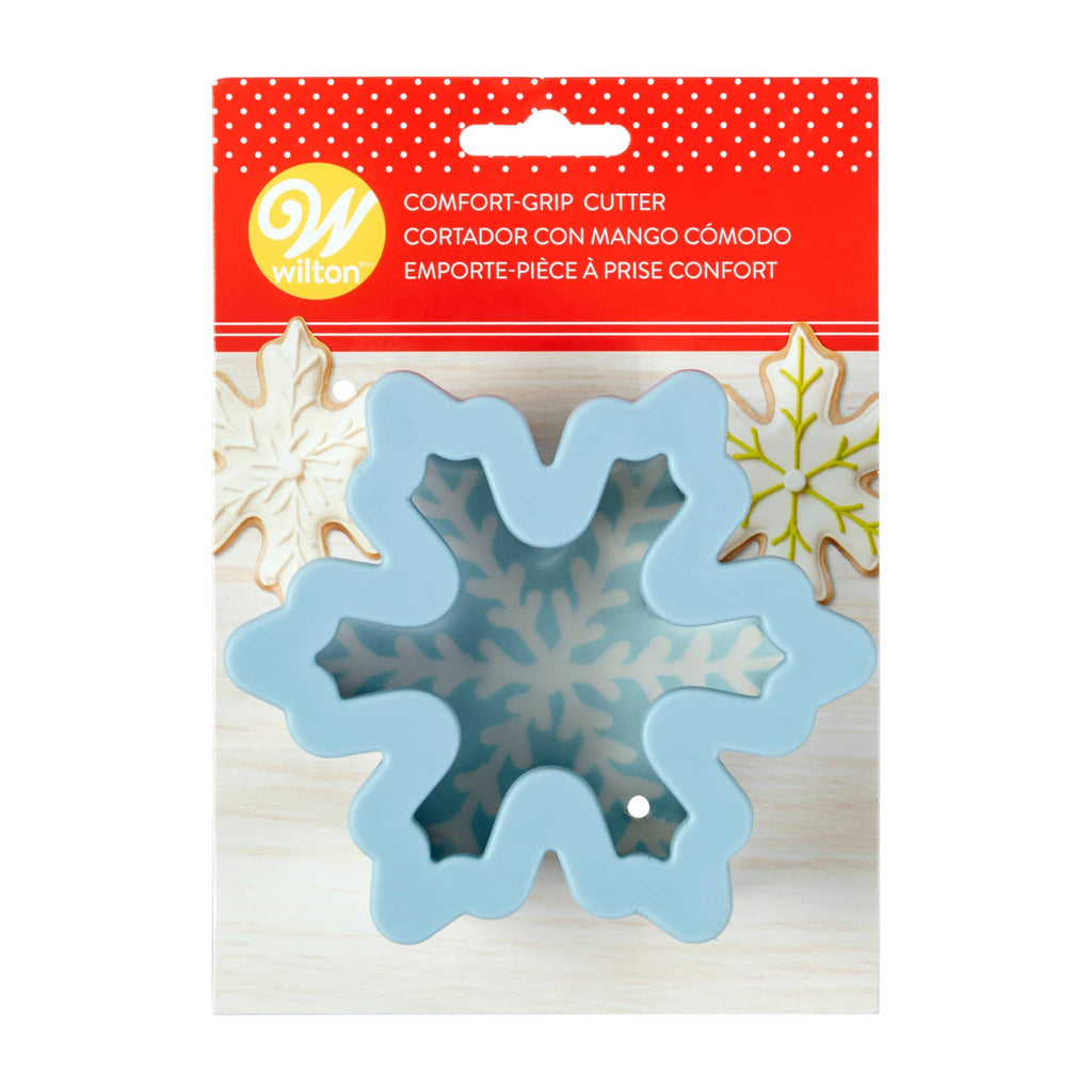 Wilton Snowflake heavy-duty blue comfort-grip cookie cutter in packaging, front view.